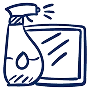 Graphic design icon showing computer monitor with creative tools including pencil, paintbrush and color palette in navy bl...