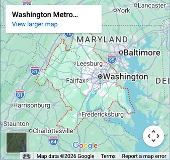 Map of Washington DC metro area showing Maryland, Virginia, and major cities like Baltimore, Fairfax, and Fredericksburg