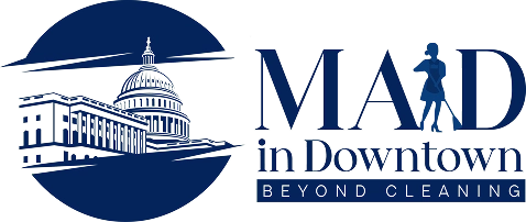 Maid in Downtown Beyond Cleaning logo featuring Capitol building and maid silhouette in navy blue