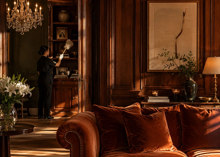 Luxury hotel lobby with elegant wood paneling, plush orange velvet sofas, chandelier, and concierge desk - Estate clean out in the DC Metro area.