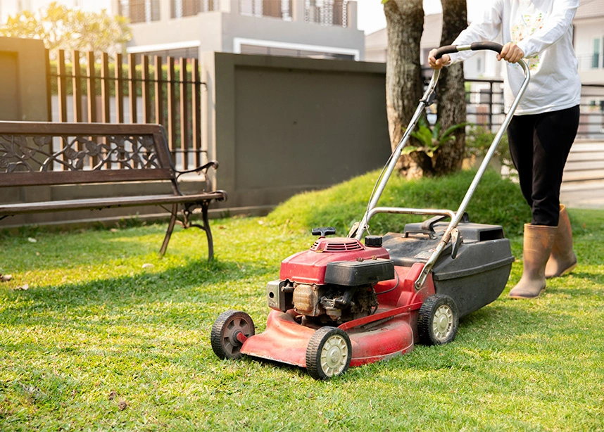 Woman mowing lawn with red gas-powered push mower in residential backyard with fence and house - House sitter in the DC Metro area.