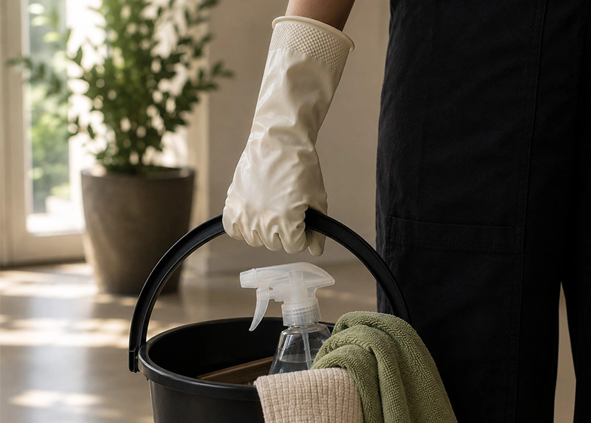Person carrying cleaning caddy with supplies and tools for household chores and home maintenance - Move in and out cleanings in the DC Metro area.
