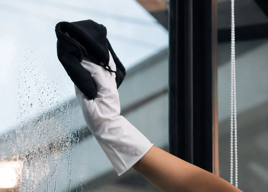 Person wearing black glove cleaning window glass with white cloth, removing water droplets and dirt - Window washing in the DC Metro area.