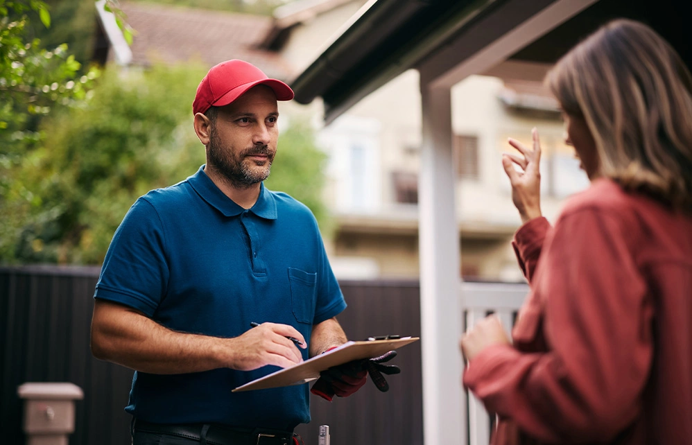 Contractor with clipboard discussing home addition project with homeowner outside residential property - Construction in the DC Metro area.